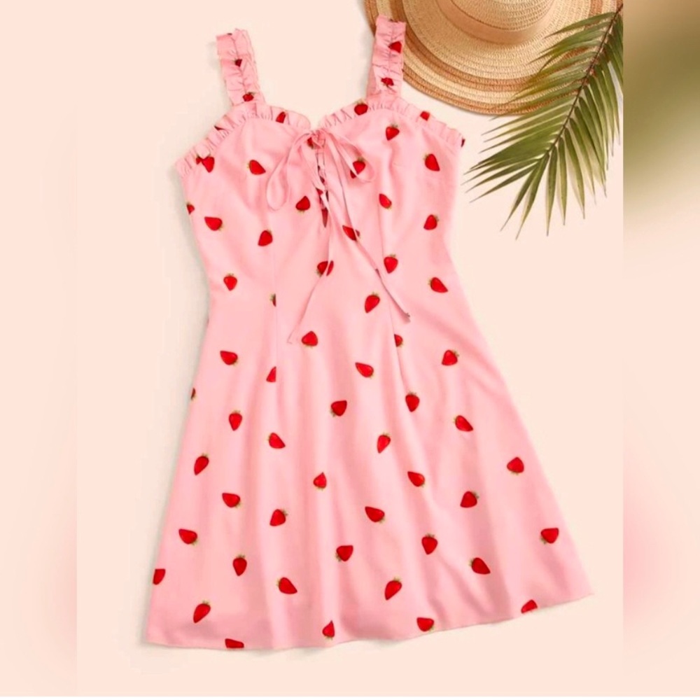 Bright Pink Red Strawberry lace up frill dress cottage core kawaii cute plus